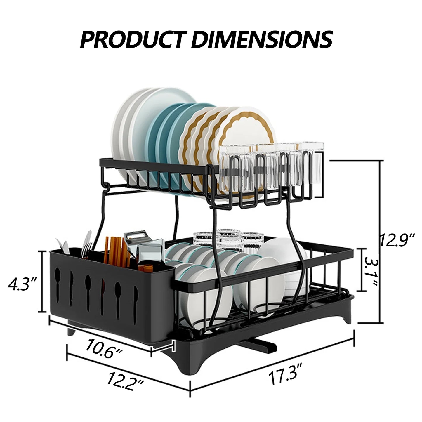 2-Tier Stainless Steel Dish Drying Rack with Cutlery Holder - Space-Saving Kitchen Sink Organizer in Black