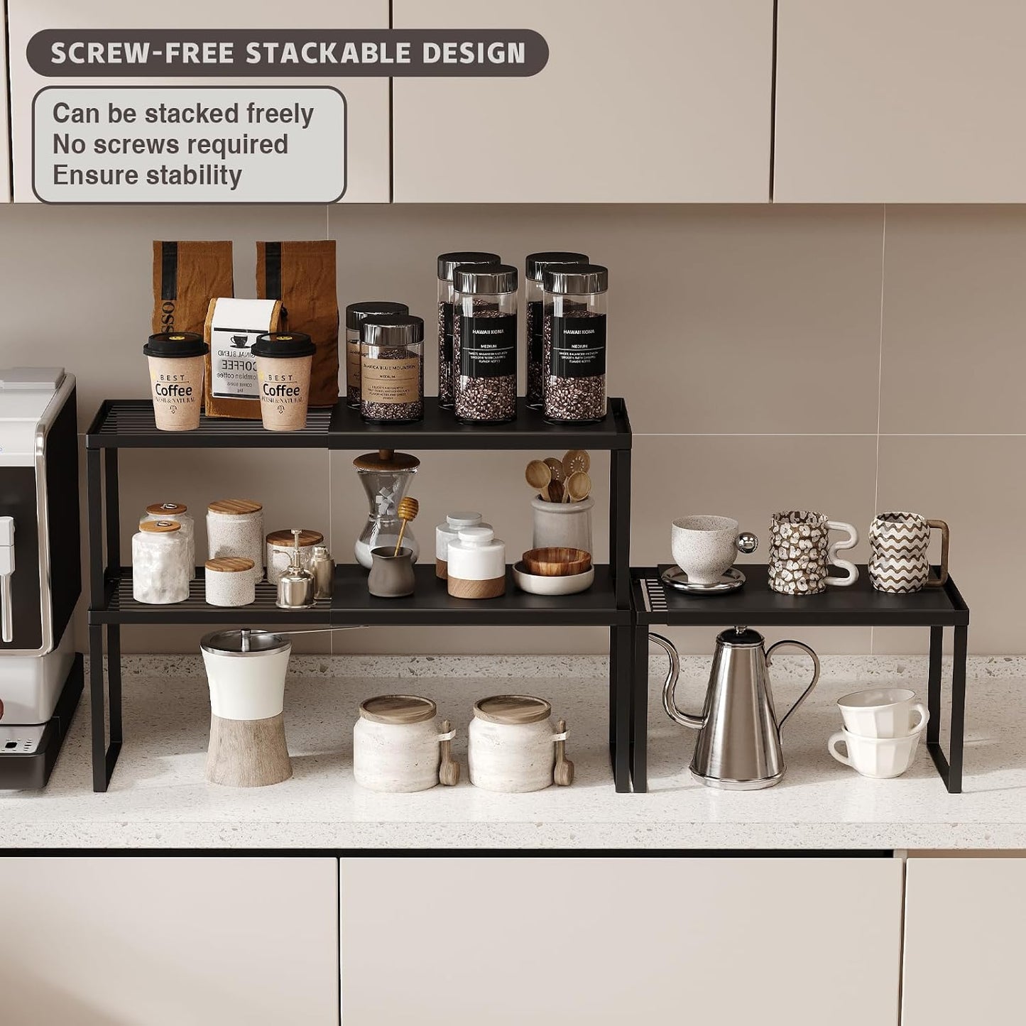 Expandable Kitchen Countertop Organizer, 2 Pack Stackable Cabinet Shelf Risers, Metal Spice Rack Heavy Duty Counter Organizer Storage for Kitchen, Pantry, Cupboard, Rv (8.7In Height,Black)