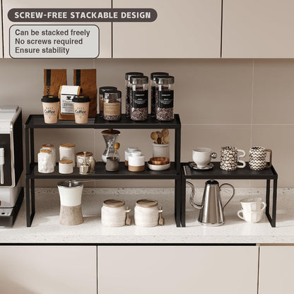 Expandable Kitchen Countertop Organizer, 2 Pack Stackable Cabinet Shelf Risers, Metal Spice Rack Heavy Duty Counter Organizer Storage for Kitchen, Pantry, Cupboard, Rv (8.7In Height,Black)