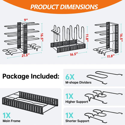 Adjustable 8-Tier Pots and Pans Organizer Rack - Heavy-Duty Metal Storage Solution with Anti-Slip Silicone Pads for Kitchen Cabinet Organization
