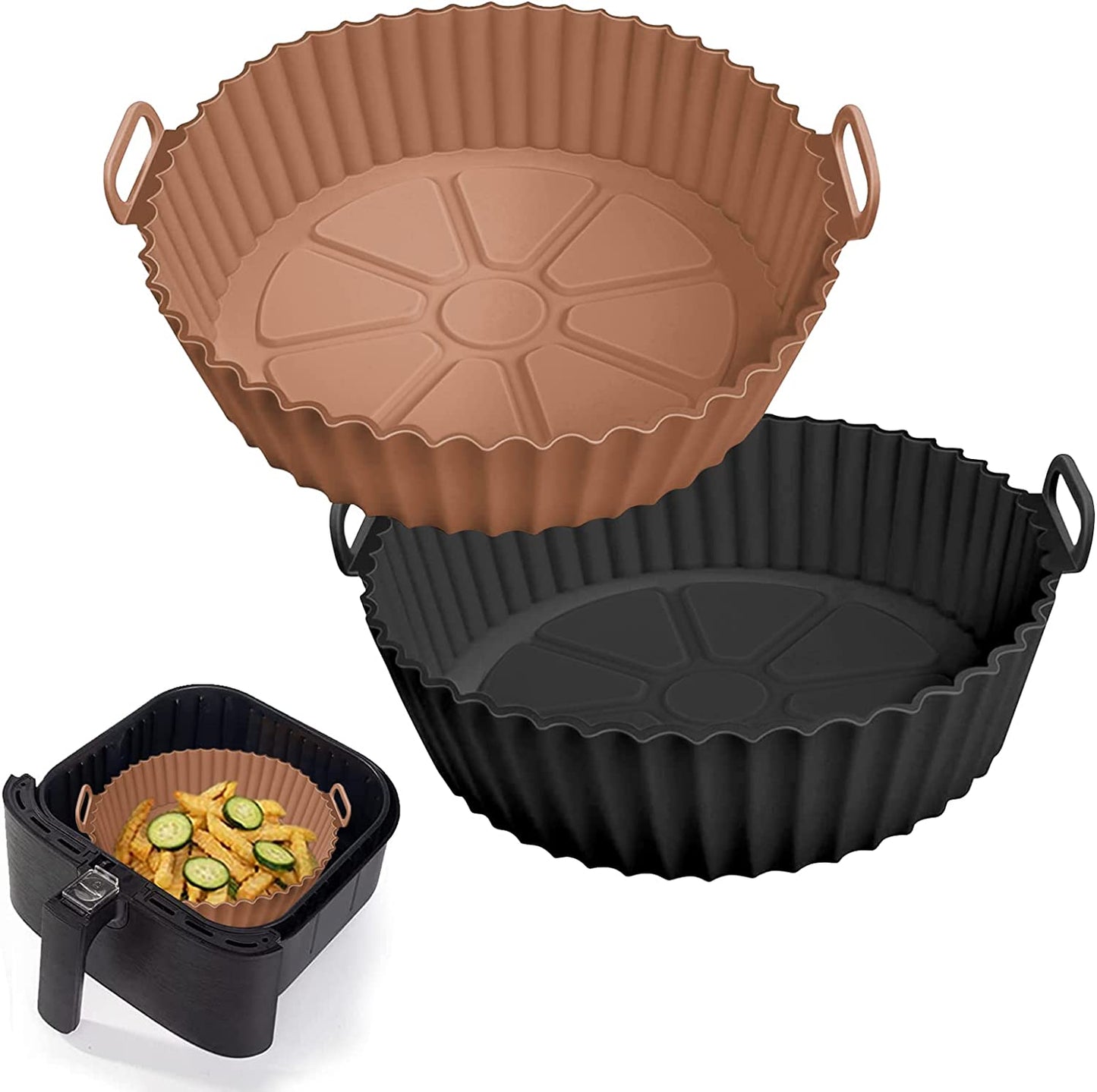2-Pack Silicone Air Fryer Liners for 5 QT or Larger, Reusable Baking Tray Inserts, Safe Alternative to Parchment Paper, Brown and Black (Top 8.66 in, Bottom 7.48 in)