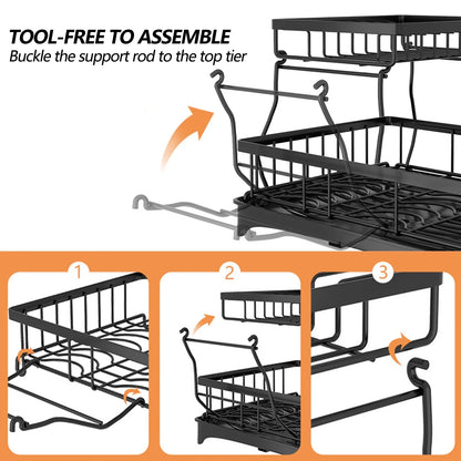 2-Tier Stainless Steel Dish Drying Rack with Cutlery Holder - Space-Saving Kitchen Sink Organizer in Black