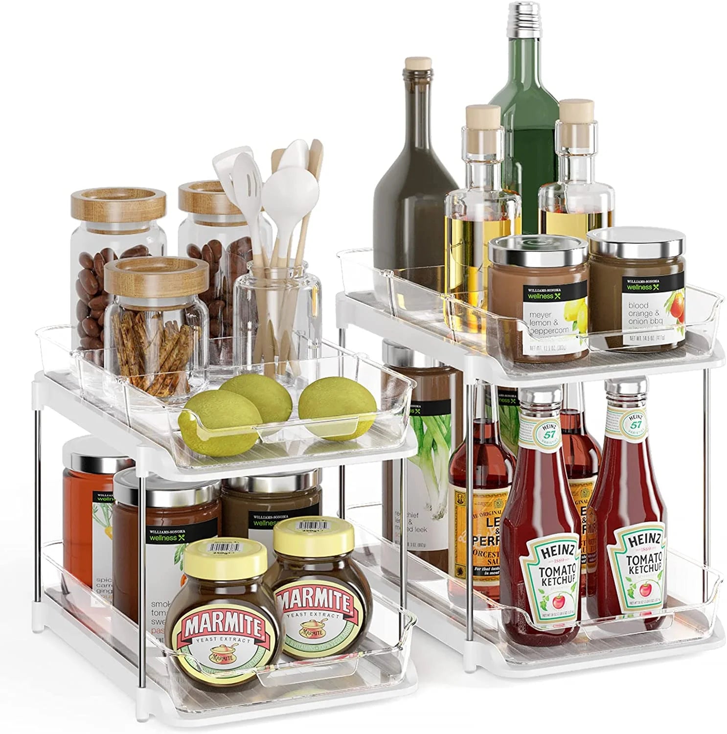 2-Pack Under Sink Organizer Set, 2-Tier Sliding Storage Shelf for Bathroom and Kitchen Cabinets, Transparent Design