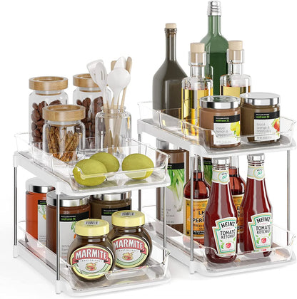 2-Pack Under Sink Organizer Set, 2-Tier Sliding Storage Shelf for Bathroom and Kitchen Cabinets, Transparent Design