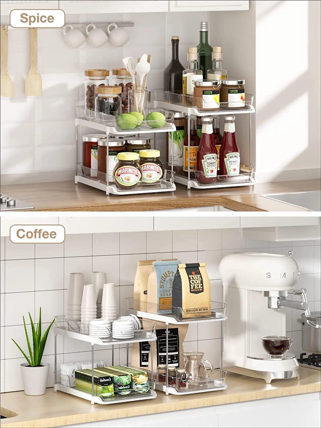 2-Pack Under Sink Organizer Set, 2-Tier Sliding Storage Shelf for Bathroom and Kitchen Cabinets, Transparent Design