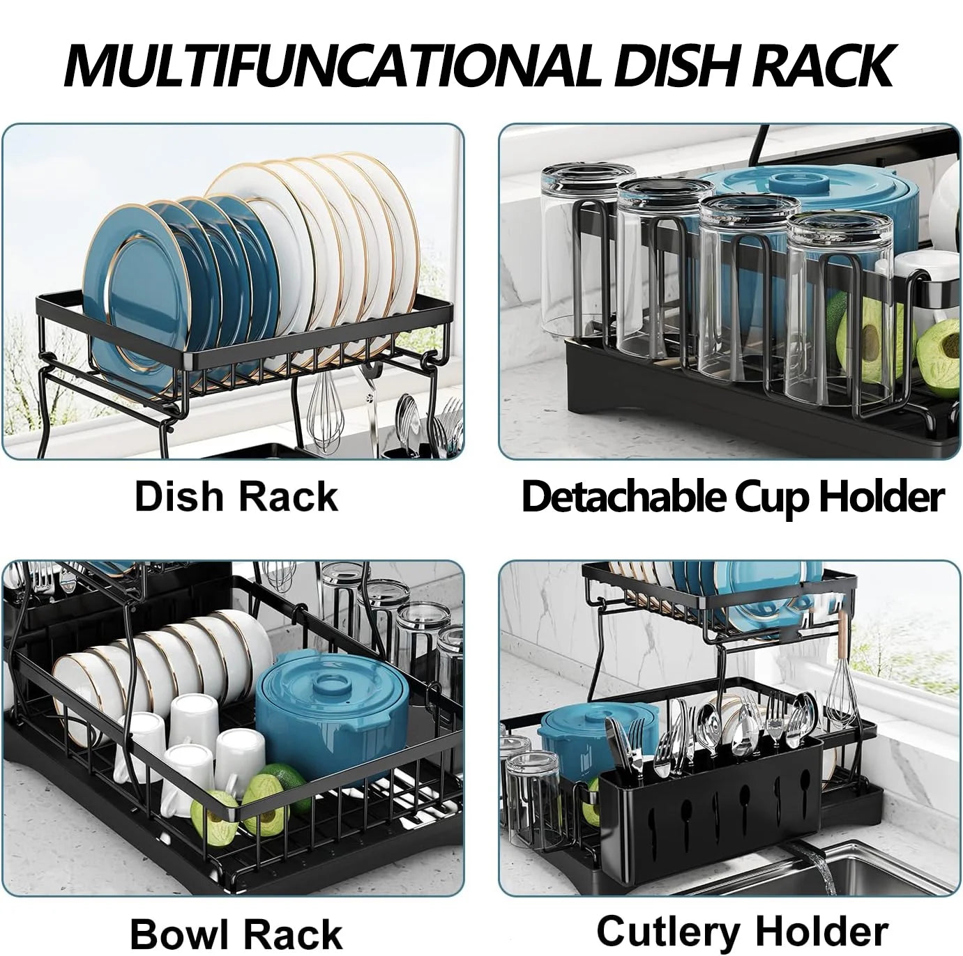 2-Tier Stainless Steel Dish Drying Rack with Cutlery Holder - Space-Saving Kitchen Sink Organizer in Black