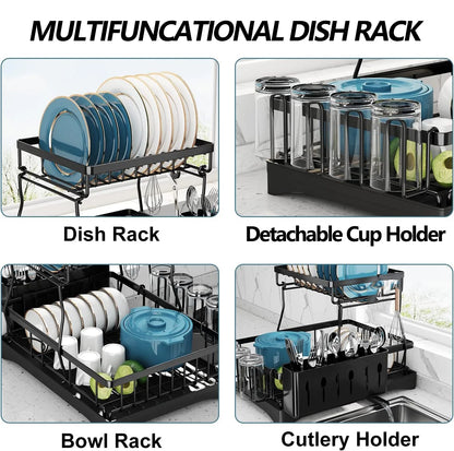 2-Tier Stainless Steel Dish Drying Rack with Cutlery Holder - Space-Saving Kitchen Sink Organizer in Black