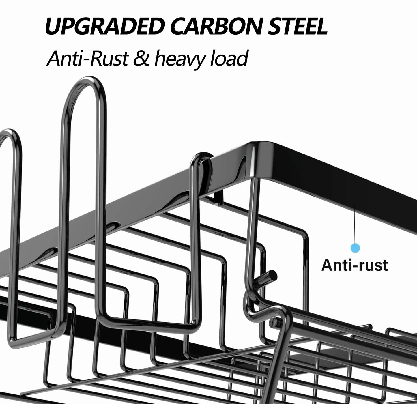 2-Tier Stainless Steel Dish Drying Rack with Cutlery Holder - Space-Saving Kitchen Sink Organizer in Black