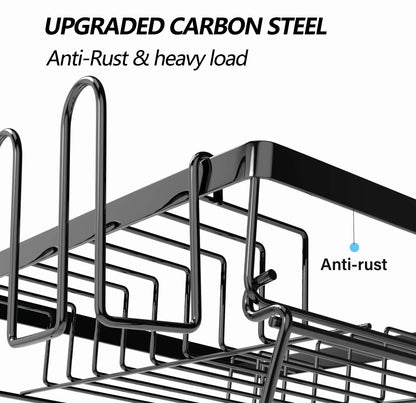 2-Tier Stainless Steel Dish Drying Rack with Cutlery Holder - Space-Saving Kitchen Sink Organizer in Black