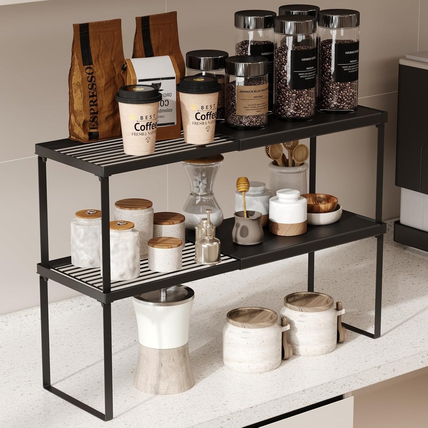 Expandable Kitchen Countertop Organizer, 2 Pack Stackable Cabinet Shelf Risers, Metal Spice Rack Heavy Duty Counter Organizer Storage for Kitchen, Pantry, Cupboard, Rv (8.7In Height,Black)