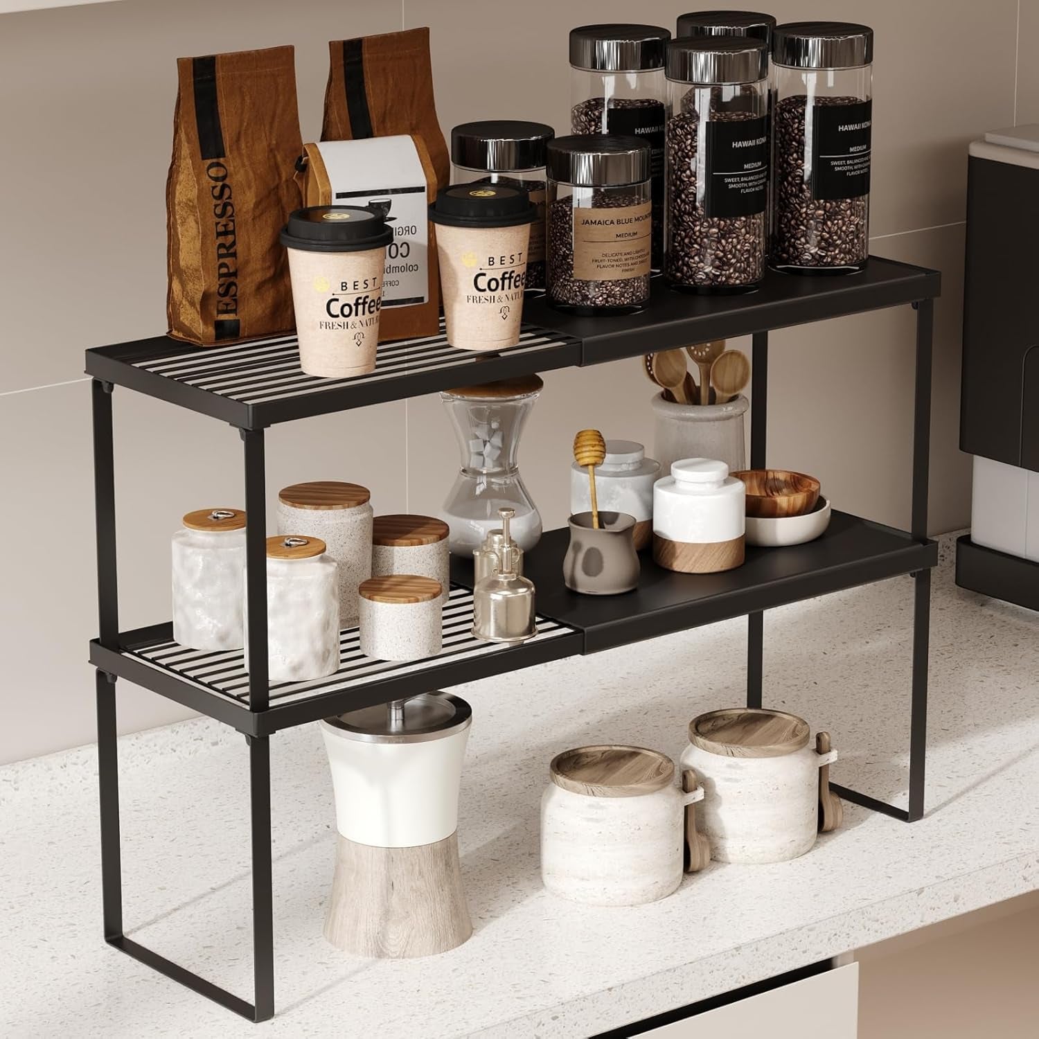 Expandable Kitchen Countertop Organizer, 2 Pack Stackable Cabinet Shelf Risers, Metal Spice Rack Heavy Duty Counter Organizer Storage for Kitchen, Pantry, Cupboard, Rv (8.7In Height,Black)