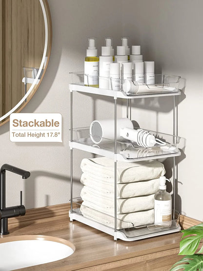 2-Pack Under Sink Organizer Set, 2-Tier Sliding Storage Shelf for Bathroom and Kitchen Cabinets, Transparent Design