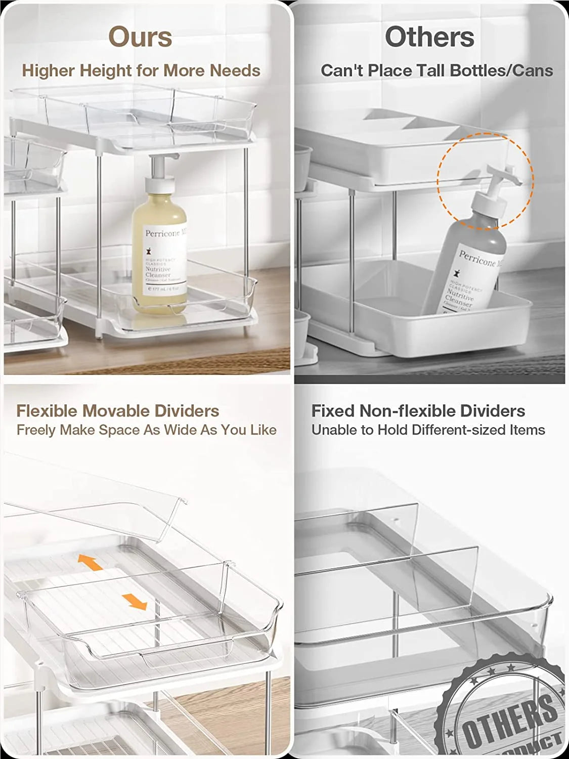 2-Pack Under Sink Organizer Set, 2-Tier Sliding Storage Shelf for Bathroom and Kitchen Cabinets, Transparent Design