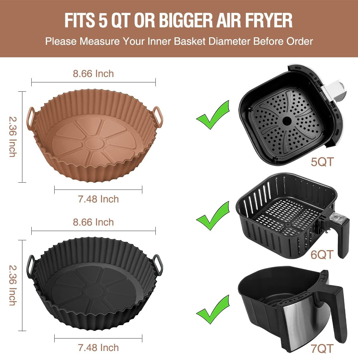 2-Pack Silicone Air Fryer Liners for 5 QT or Larger, Reusable Baking Tray Inserts, Safe Alternative to Parchment Paper, Brown and Black (Top 8.66 in, Bottom 7.48 in)