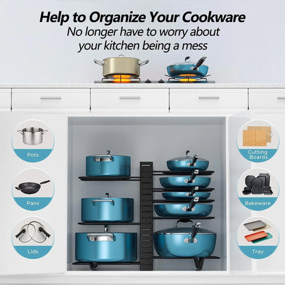 Adjustable 8-Tier Pots and Pans Organizer Rack - Heavy-Duty Metal Storage Solution with Anti-Slip Silicone Pads for Kitchen Cabinet Organization