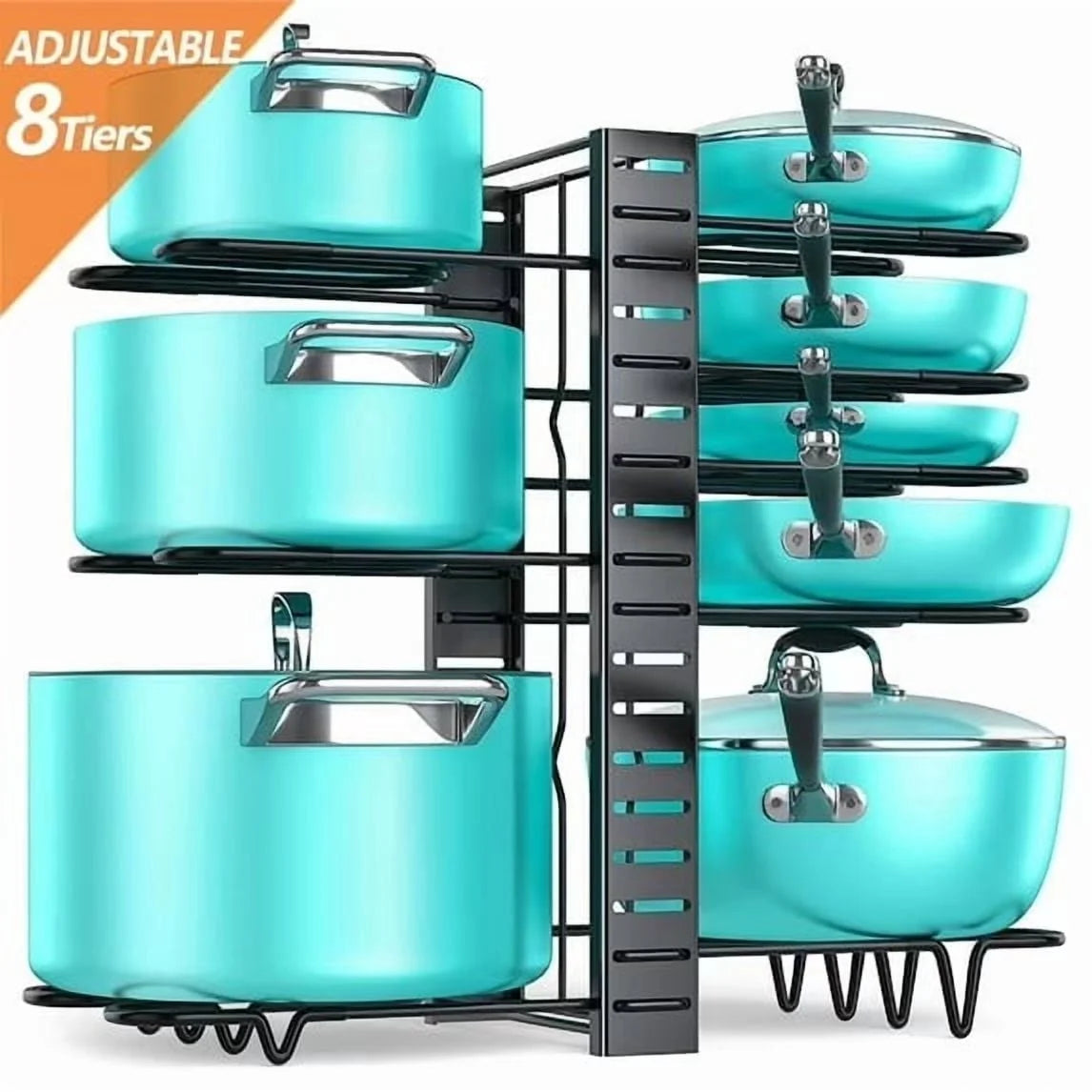 Adjustable 8-Tier Pots and Pans Organizer Rack - Heavy-Duty Metal Storage Solution with Anti-Slip Silicone Pads for Kitchen Cabinet Organization