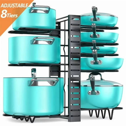 Adjustable 8-Tier Pots and Pans Organizer Rack - Heavy-Duty Metal Storage Solution with Anti-Slip Silicone Pads for Kitchen Cabinet Organization