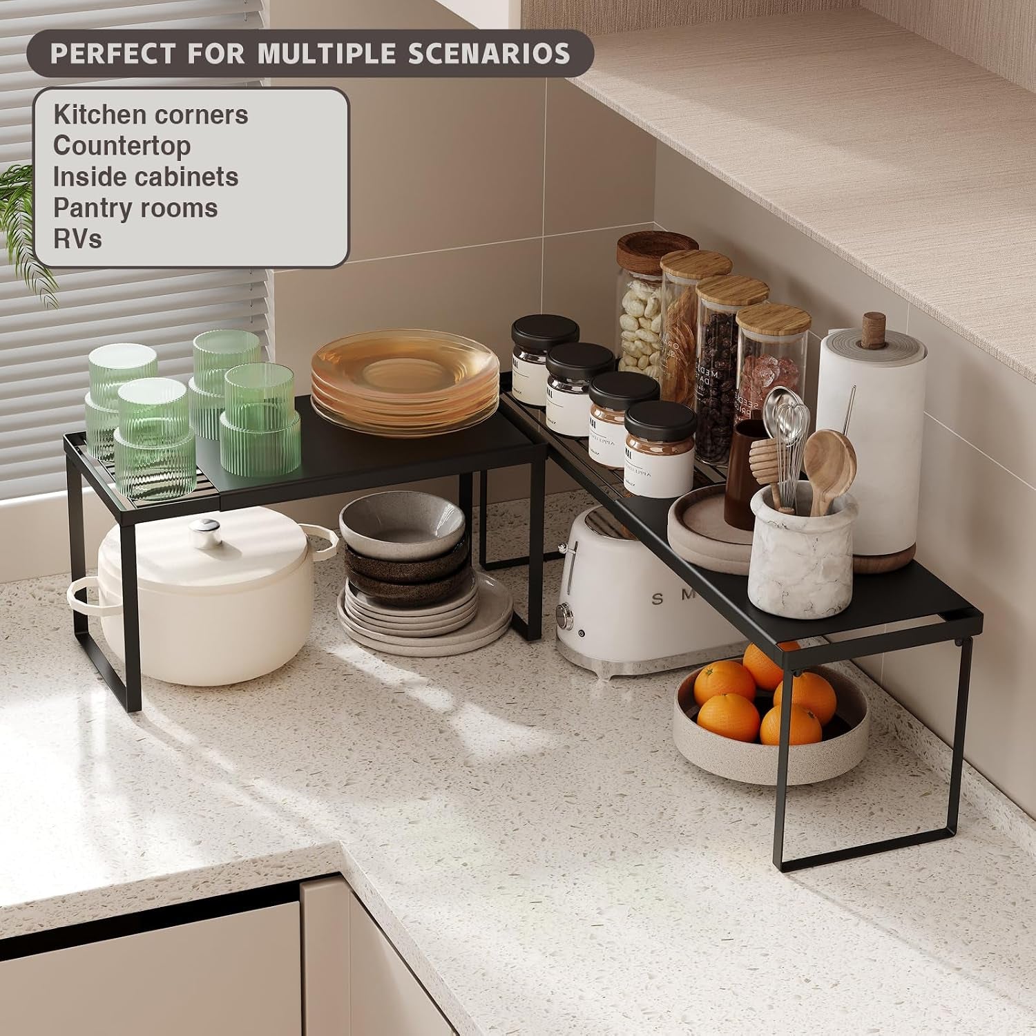 Expandable Kitchen Countertop Organizer, 2 Pack Stackable Cabinet Shelf Risers, Metal Spice Rack Heavy Duty Counter Organizer Storage for Kitchen, Pantry, Cupboard, Rv (8.7In Height,Black)