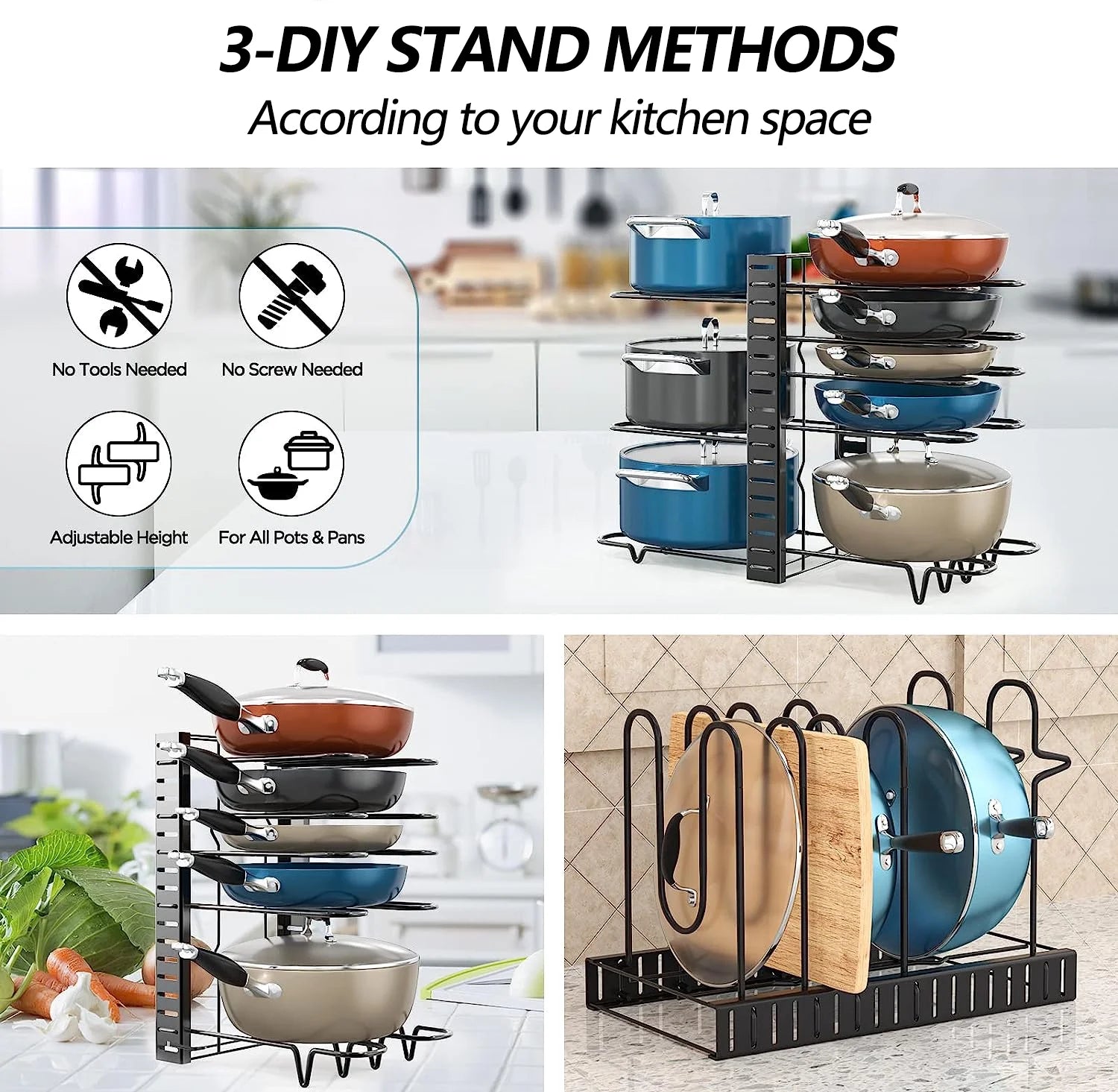 Adjustable 8-Tier Pots and Pans Organizer Rack - Heavy-Duty Metal Storage Solution with Anti-Slip Silicone Pads for Kitchen Cabinet Organization