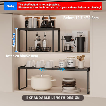 Expandable Kitchen Countertop Organizer, 2 Pack Stackable Cabinet Shelf Risers, Metal Spice Rack Heavy Duty Counter Organizer Storage for Kitchen, Pantry, Cupboard, Rv (8.7In Height,Black)
