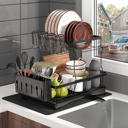 2-Tier Stainless Steel Dish Drying Rack with Cutlery Holder - Space-Saving Kitchen Sink Organizer in Black