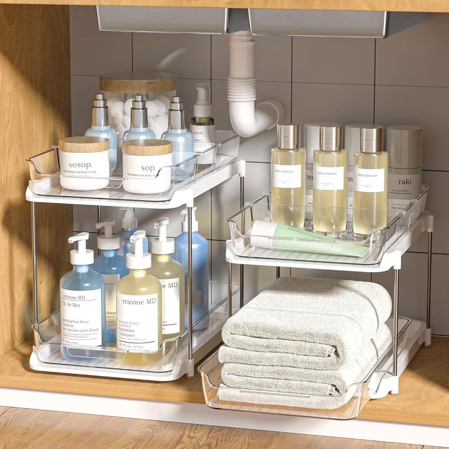 2-Pack Under Sink Organizer Set, 2-Tier Sliding Storage Shelf for Bathroom and Kitchen Cabinets, Transparent Design