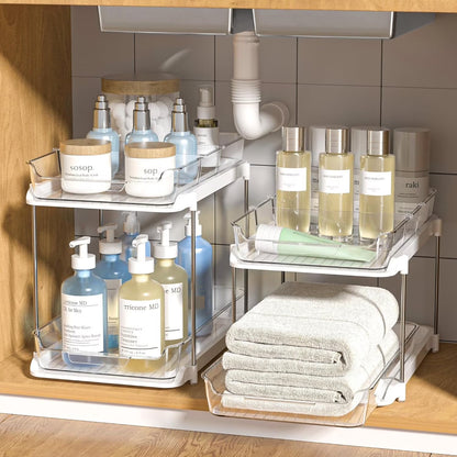 2-Pack Under Sink Organizer Set, 2-Tier Sliding Storage Shelf for Bathroom and Kitchen Cabinets, Transparent Design