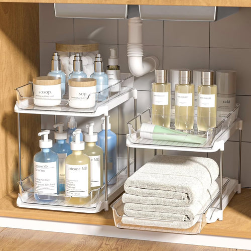2-Pack Under Sink Organizer Set, 2-Tier Sliding Storage Shelf for Bathroom and Kitchen Cabinets, Transparent Design