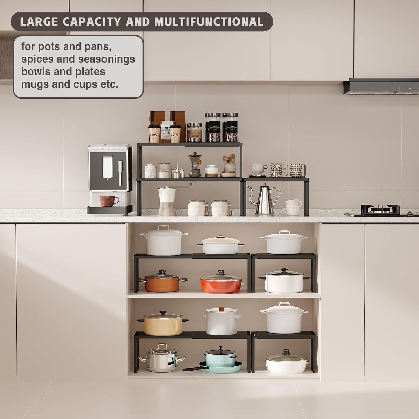 Expandable Kitchen Countertop Organizer, 2 Pack Stackable Cabinet Shelf Risers, Metal Spice Rack Heavy Duty Counter Organizer Storage for Kitchen, Pantry, Cupboard, Rv (8.7In Height,Black)