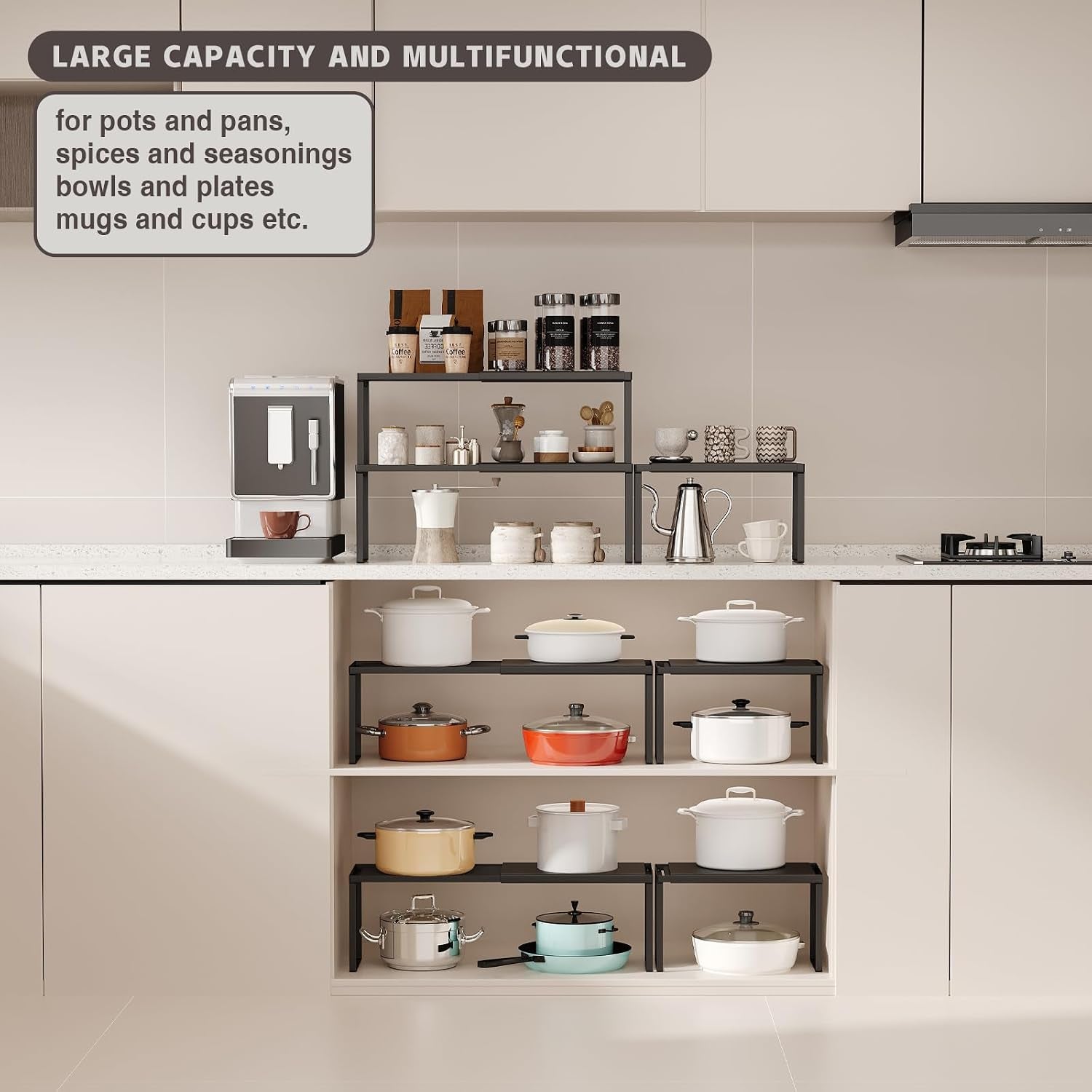 Expandable Kitchen Countertop Organizer, 2 Pack Stackable Cabinet Shelf Risers, Metal Spice Rack Heavy Duty Counter Organizer Storage for Kitchen, Pantry, Cupboard, Rv (8.7In Height,Black)
