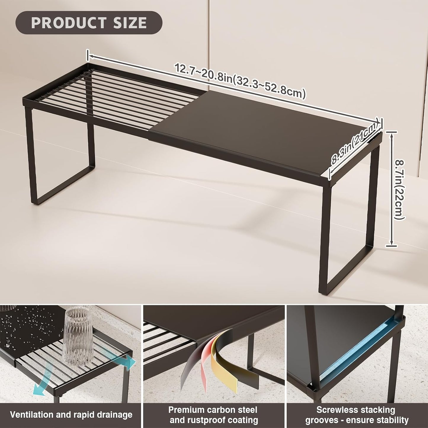 Expandable Kitchen Countertop Organizer, 2 Pack Stackable Cabinet Shelf Risers, Metal Spice Rack Heavy Duty Counter Organizer Storage for Kitchen, Pantry, Cupboard, Rv (8.7In Height,Black)