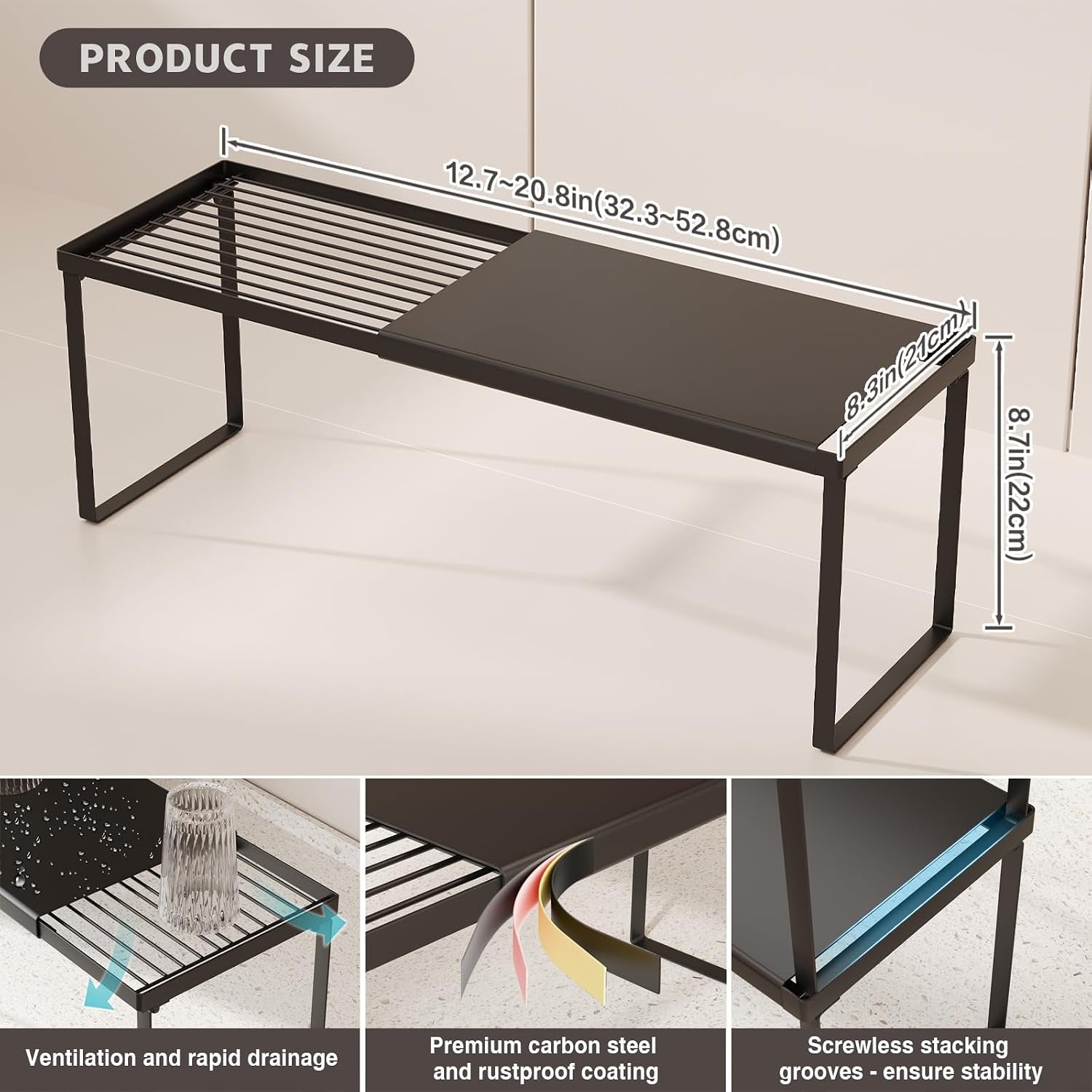 Expandable Kitchen Countertop Organizer, 2 Pack Stackable Cabinet Shelf Risers, Metal Spice Rack Heavy Duty Counter Organizer Storage for Kitchen, Pantry, Cupboard, Rv (8.7In Height,Black)
