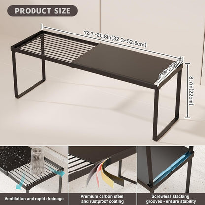 Expandable Kitchen Countertop Organizer, 2 Pack Stackable Cabinet Shelf Risers, Metal Spice Rack Heavy Duty Counter Organizer Storage for Kitchen, Pantry, Cupboard, Rv (8.7In Height,Black)