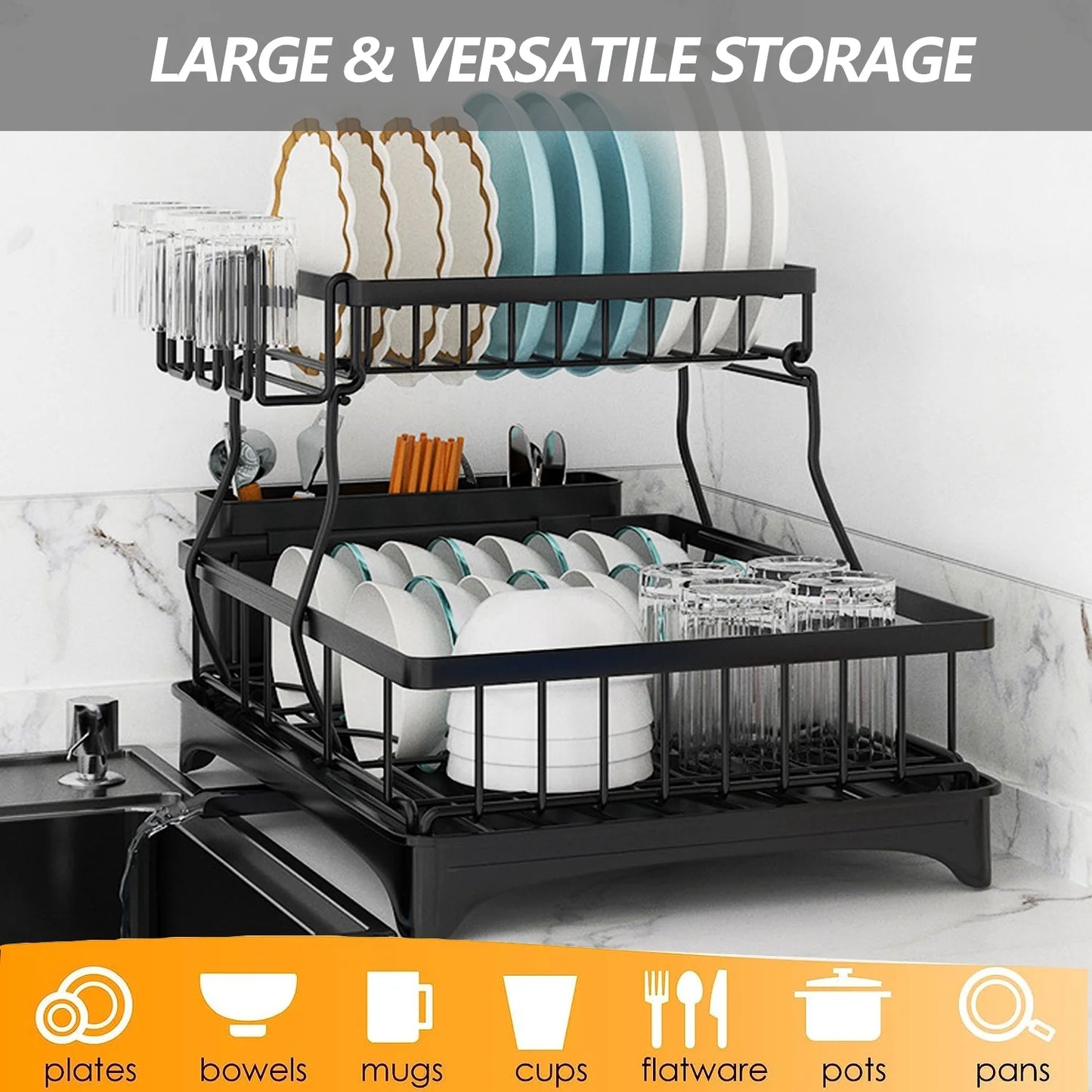 2-Tier Stainless Steel Dish Drying Rack with Cutlery Holder - Space-Saving Kitchen Sink Organizer in Black