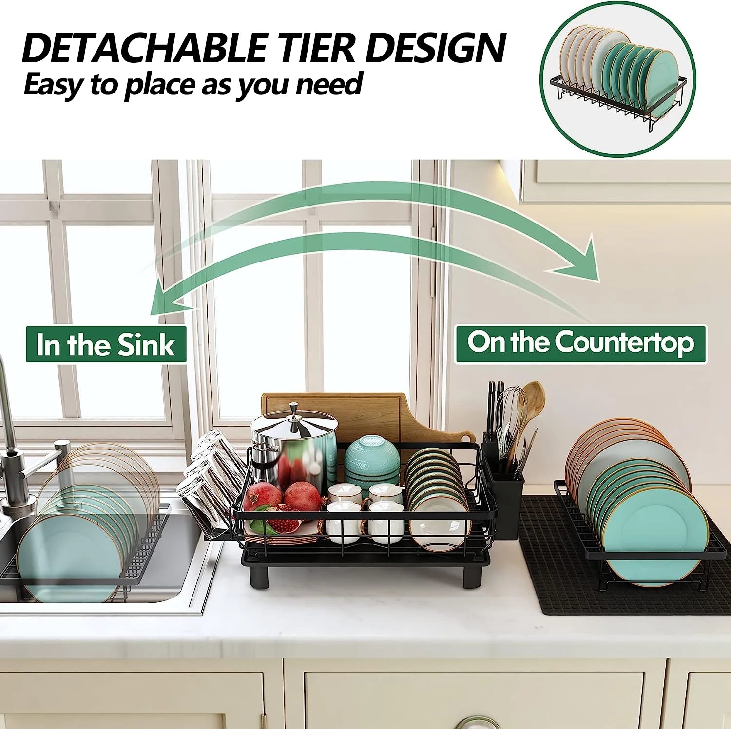 2-Tier Stainless Steel Dish Drying Rack with Cutlery Holder - Space-Saving Kitchen Sink Organizer in Black