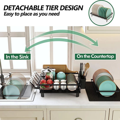 2-Tier Stainless Steel Dish Drying Rack with Cutlery Holder - Space-Saving Kitchen Sink Organizer in Black