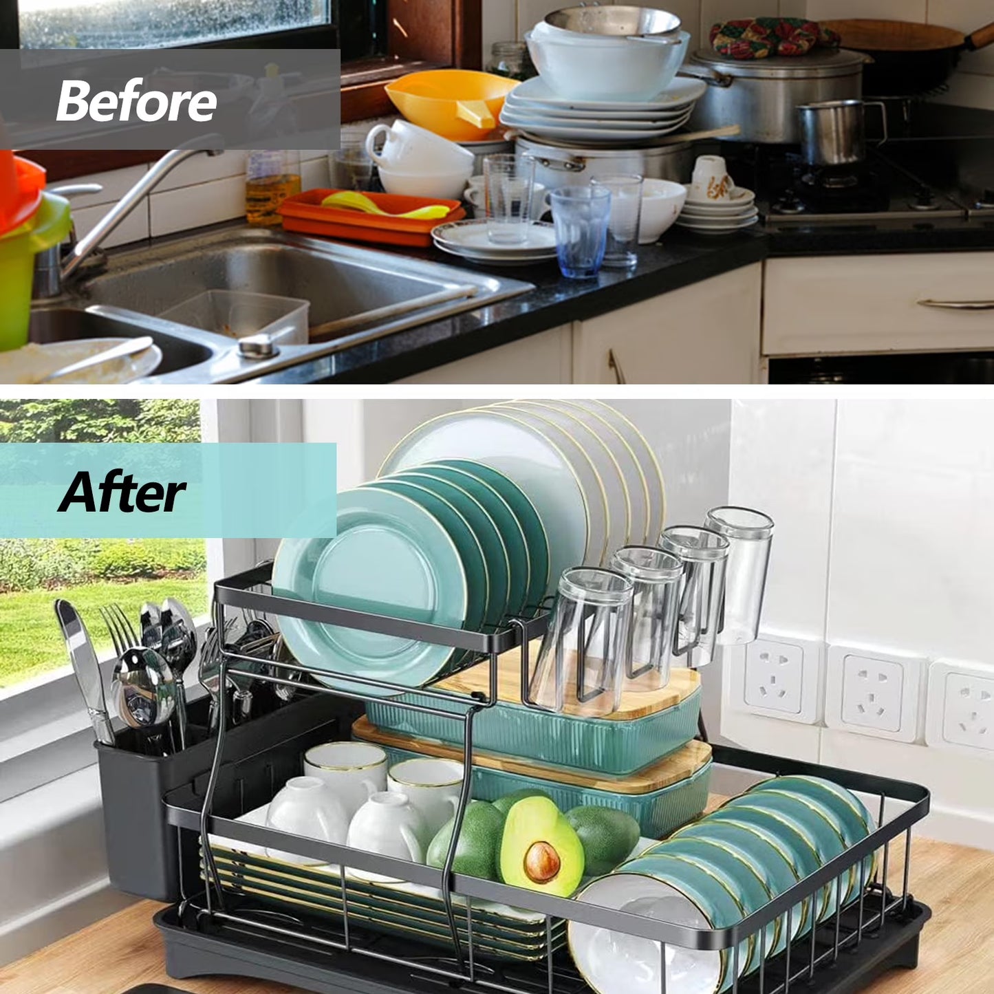 2-Tier Stainless Steel Dish Drying Rack with Cutlery Holder - Space-Saving Kitchen Sink Organizer in Black
