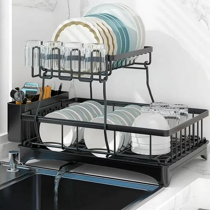 2-Tier Stainless Steel Dish Drying Rack with Cutlery Holder - Space-Saving Kitchen Sink Organizer in Black