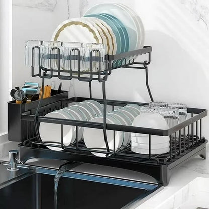 2-Tier Stainless Steel Dish Drying Rack with Cutlery Holder - Space-Saving Kitchen Sink Organizer in Black