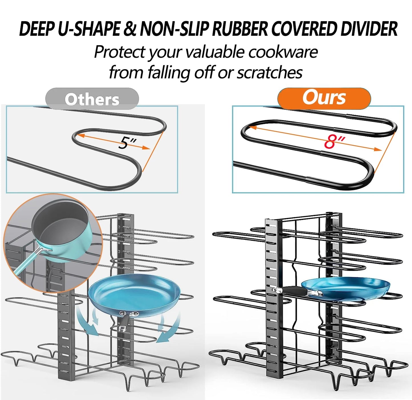 Adjustable 8-Tier Pots and Pans Organizer Rack - Heavy-Duty Metal Storage Solution with Anti-Slip Silicone Pads for Kitchen Cabinet Organization