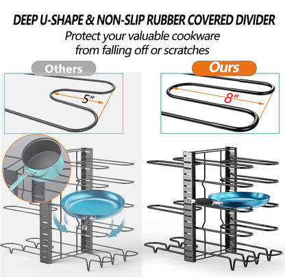 Adjustable 8-Tier Pots and Pans Organizer Rack - Heavy-Duty Metal Storage Solution with Anti-Slip Silicone Pads for Kitchen Cabinet Organization