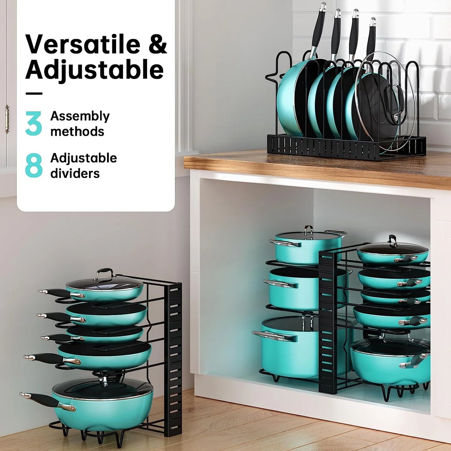 Adjustable 8-Tier Pots and Pans Organizer Rack - Heavy-Duty Metal Storage Solution with Anti-Slip Silicone Pads for Kitchen Cabinet Organization