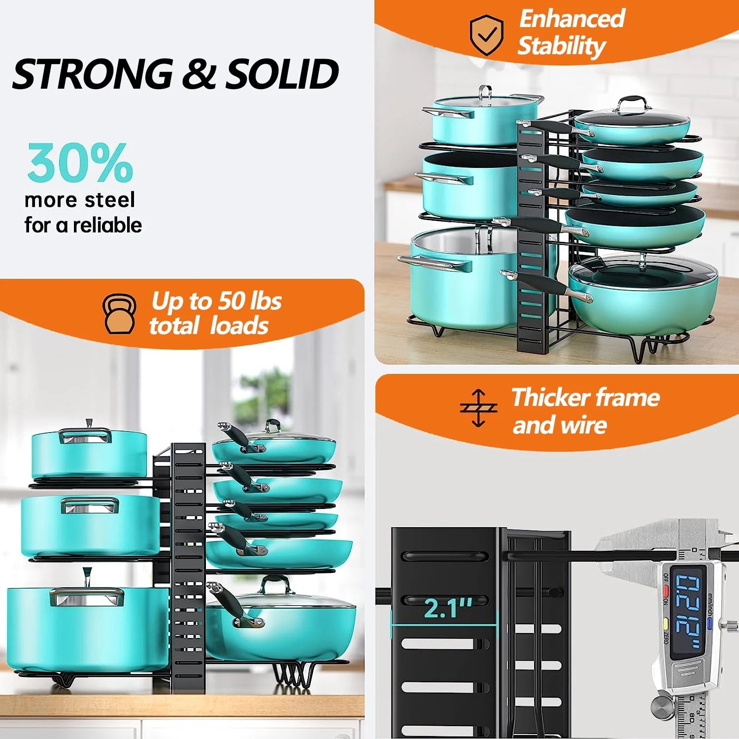 Adjustable 8-Tier Pots and Pans Organizer Rack - Heavy-Duty Metal Storage Solution with Anti-Slip Silicone Pads for Kitchen Cabinet Organization