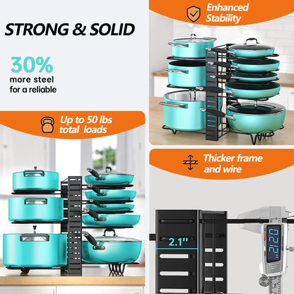 Adjustable 8-Tier Pots and Pans Organizer Rack - Heavy-Duty Metal Storage Solution with Anti-Slip Silicone Pads for Kitchen Cabinet Organization
