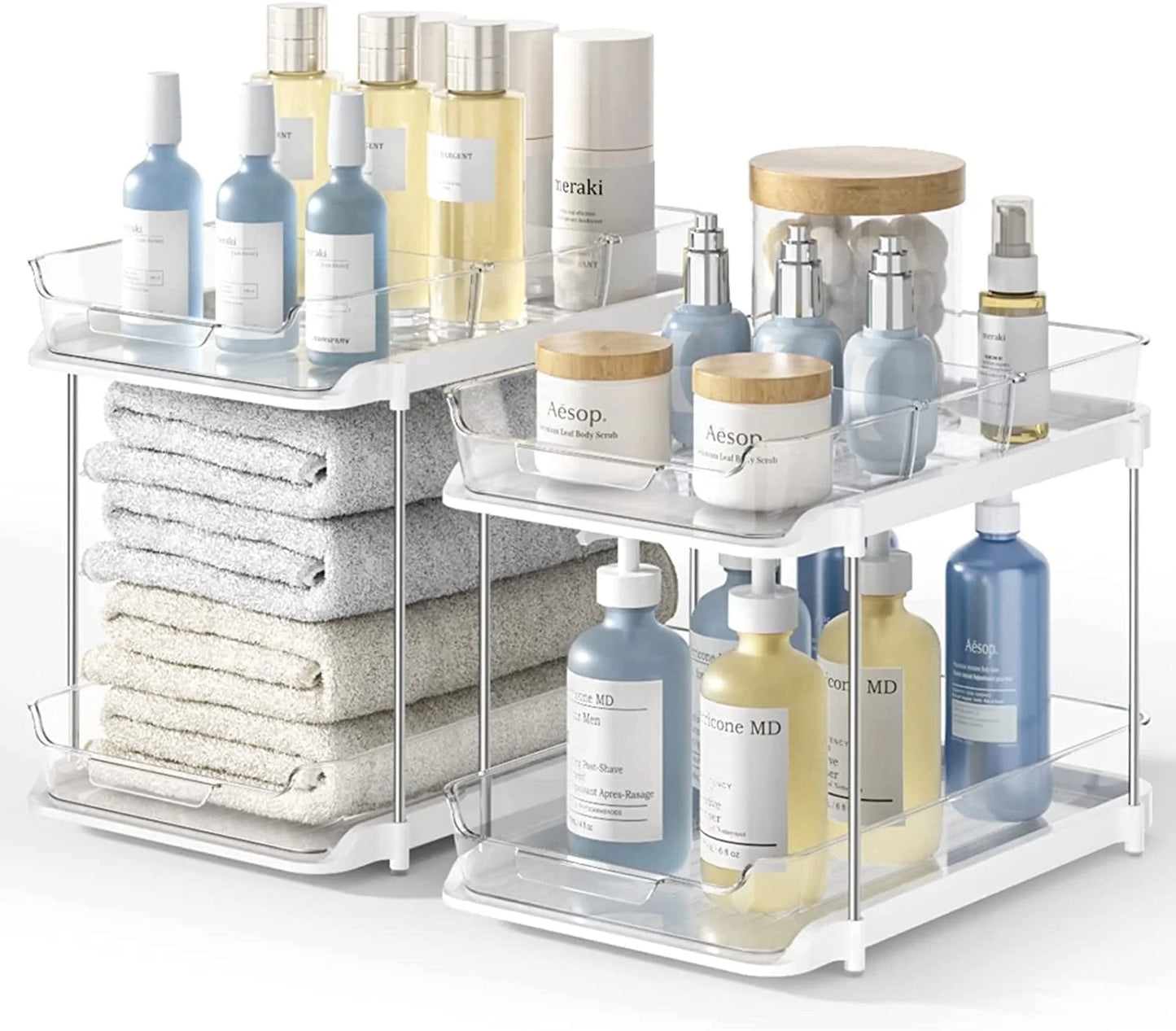 2-Pack Under Sink Organizer Set, 2-Tier Sliding Storage Shelf for Bathroom and Kitchen Cabinets, Transparent Design