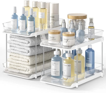 2-Pack Under Sink Organizer Set, 2-Tier Sliding Storage Shelf for Bathroom and Kitchen Cabinets, Transparent Design