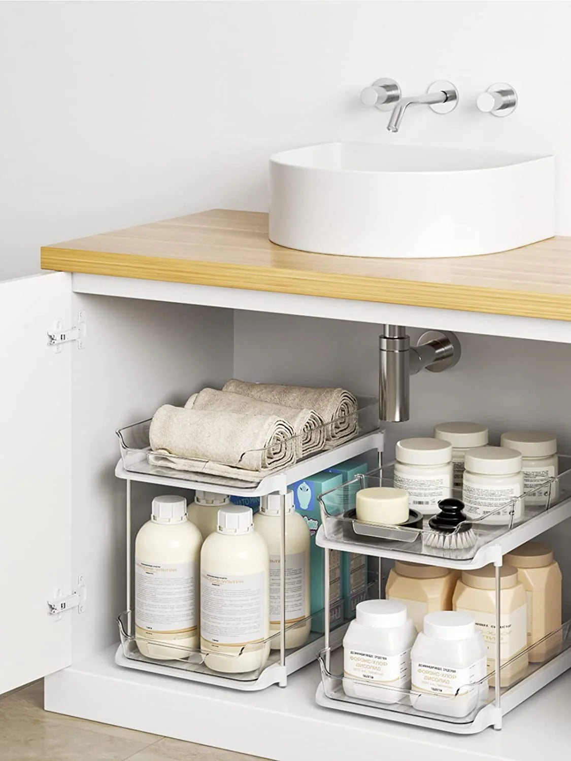 2-Pack Under Sink Organizer Set, 2-Tier Sliding Storage Shelf for Bathroom and Kitchen Cabinets, Transparent Design