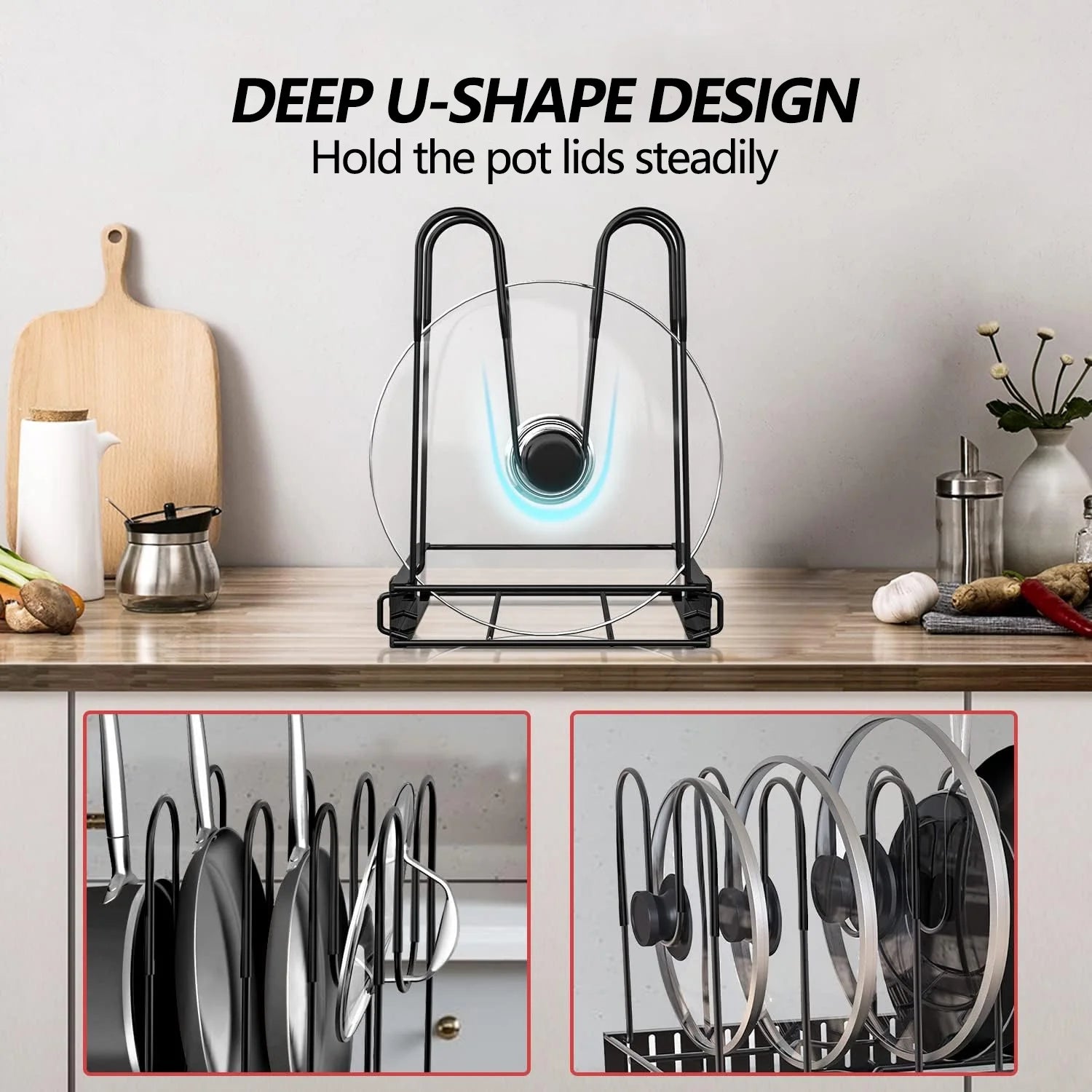 Adjustable 8-Tier Pots and Pans Organizer Rack - Heavy-Duty Metal Storage Solution with Anti-Slip Silicone Pads for Kitchen Cabinet Organization