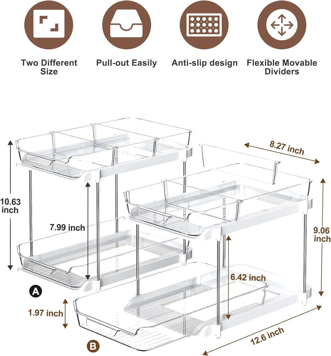 2-Pack Under Sink Organizer Set, 2-Tier Sliding Storage Shelf for Bathroom and Kitchen Cabinets, Transparent Design