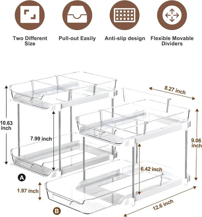 2-Pack Under Sink Organizer Set, 2-Tier Sliding Storage Shelf for Bathroom and Kitchen Cabinets, Transparent Design